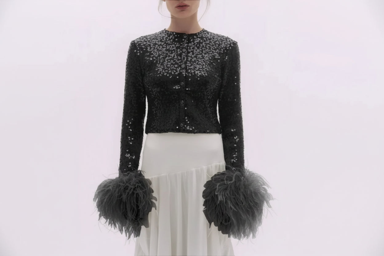 Celeste Feather-Cuff Embellished Long Sleeve Top