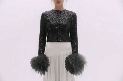 Celeste Feather-Cuff Embellished Long Sleeve Top