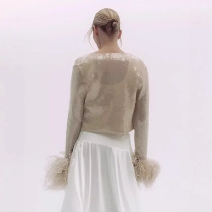 Celeste Feather-Cuff Embellished Long Sleeve Top