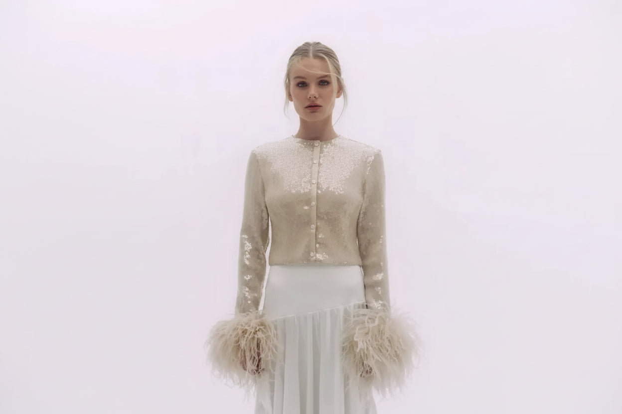 Celeste Feather-Cuff Embellished Long Sleeve Top