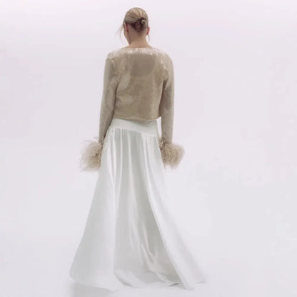 Celeste Feather-Cuff Embellished Long Sleeve Top