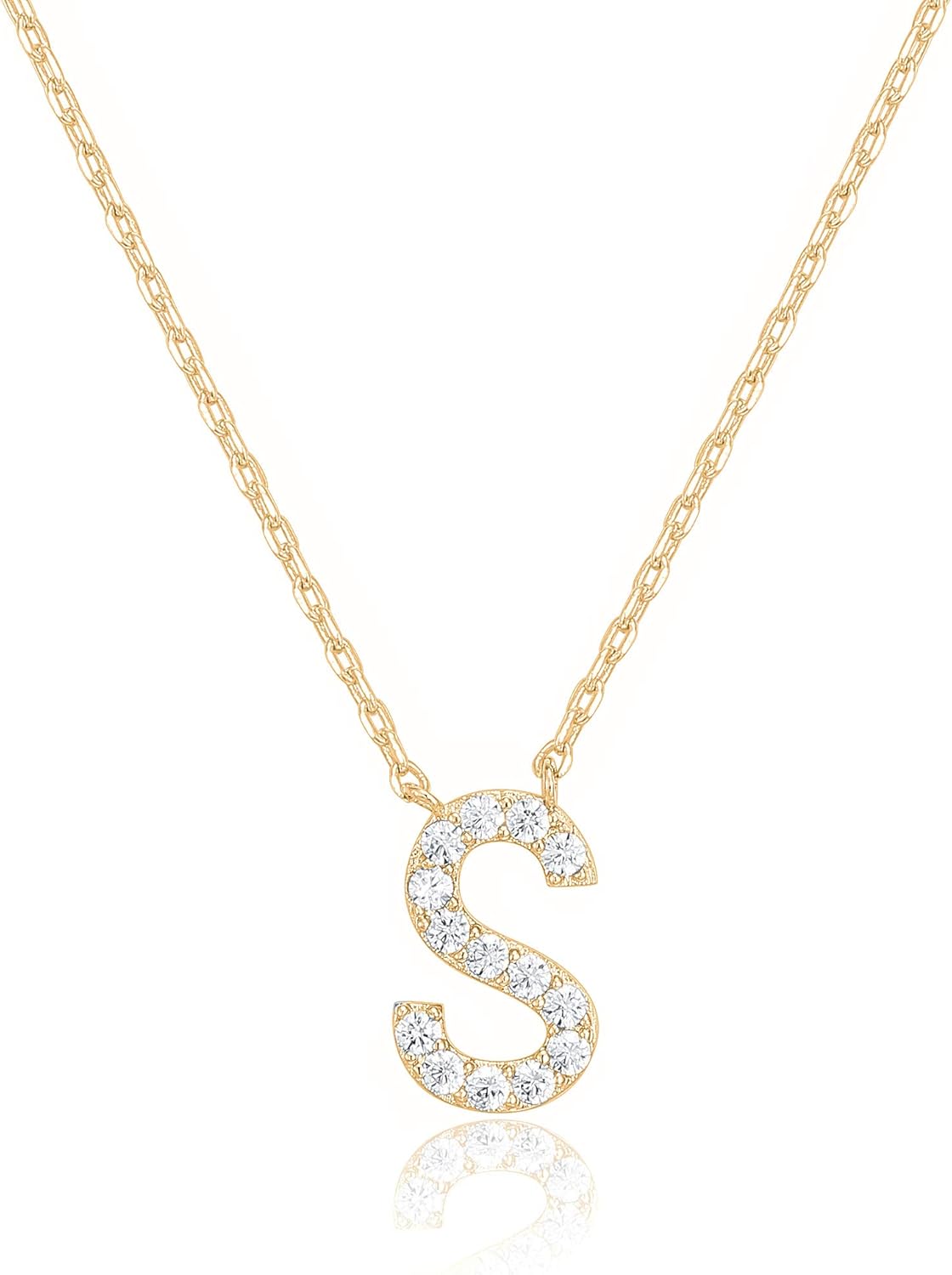 14K White Gold Plated Cubic Zirconia Initial Necklace | Letter Dainty Necklaces for Women