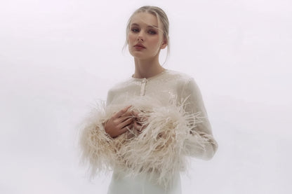 Celeste Feather-Cuff Embellished Long Sleeve Top