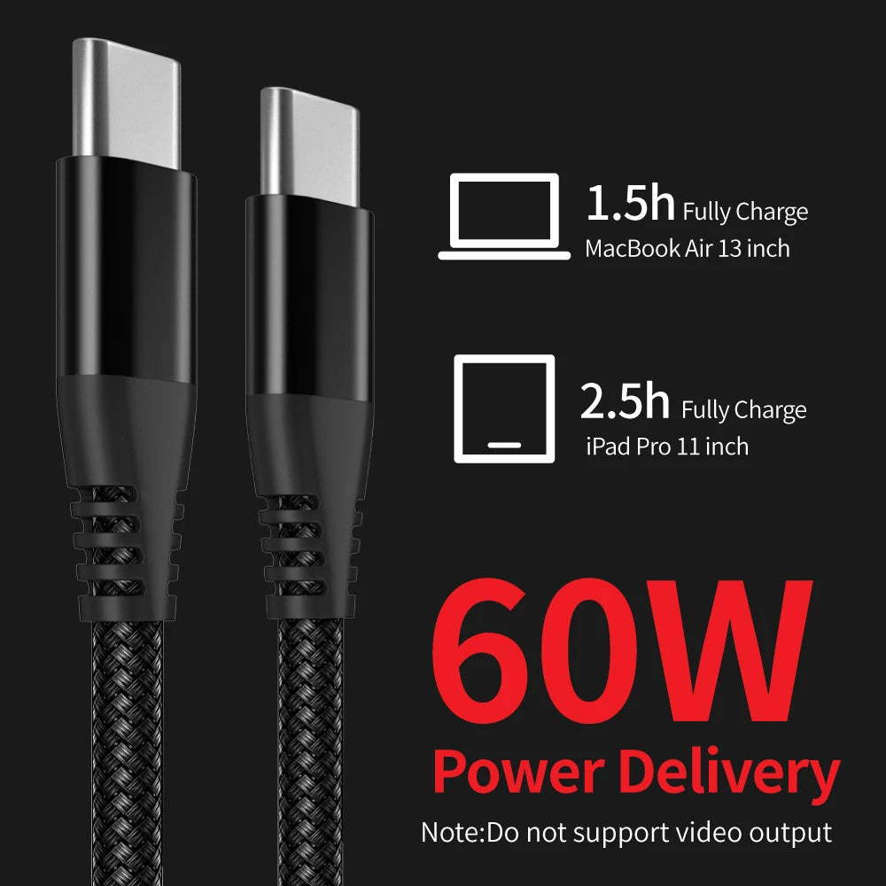 Experience Lightning-Fast Charging with the 60W USB C to USB Type C Cable - Perfect for MacBook, Samsung, Xiaomi, and Huawei (1M/2M/3M Options)