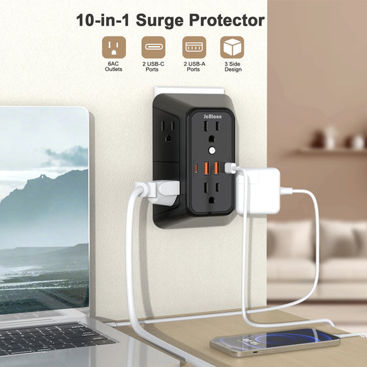 Power Up Your Space with Our Versatile US Plug Power Strip - Featuring 6 AC Outlets, 2 USB Ports, and 2 Type C Ports for Fast Charging!