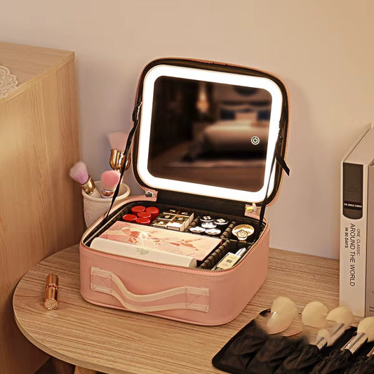 Illuminate Your Beauty: Smart LED Cosmetic Case with Mirror - Travel Makeup Bag for Women