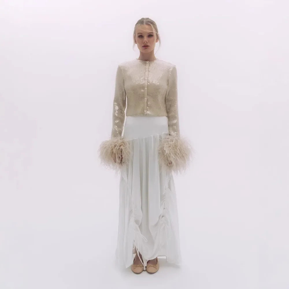 Celeste Feather-Cuff Embellished Long Sleeve Top